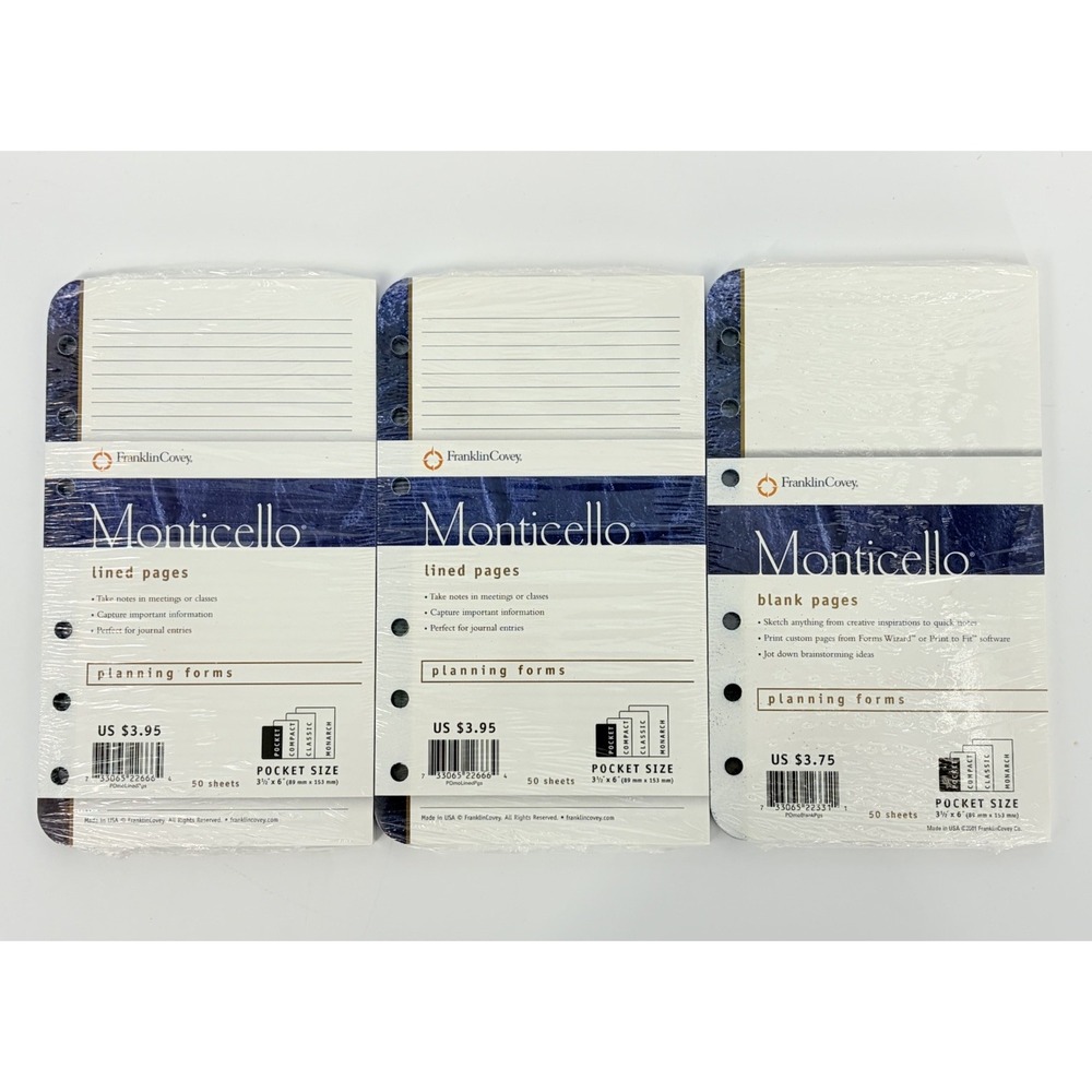 Franklin Covey Monticello Planning Forms Blank and Lined Pages Refills